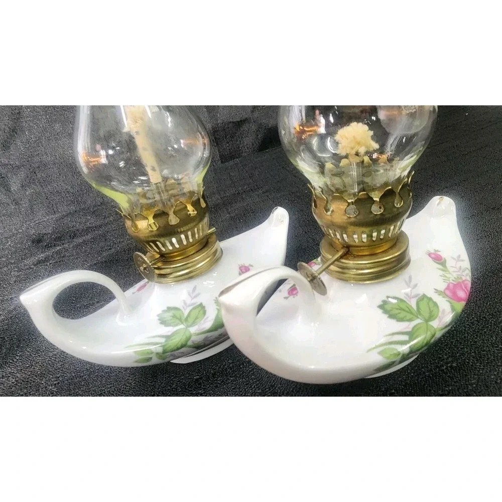 2 Vintage Miniature Aladin Oil Lamp White Porcelain Pink Rose‎ NEW OLD STOCK 80s